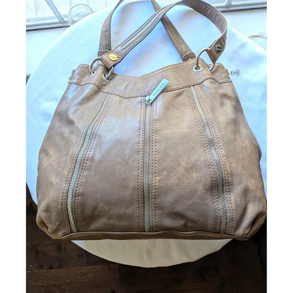 Michael Kors Hobo Shoulder Bag Side Expandable Zippers Distressed Leather Beige